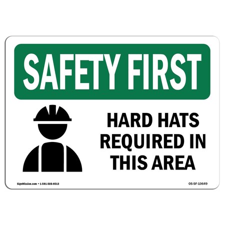 Signmission OSHA Sign, Hard Hats Required In This Area W/ Symbol, 14in X 10in Aluminum, 14" W, 10" H, Landscape OS-SF-A-1014-L-10649